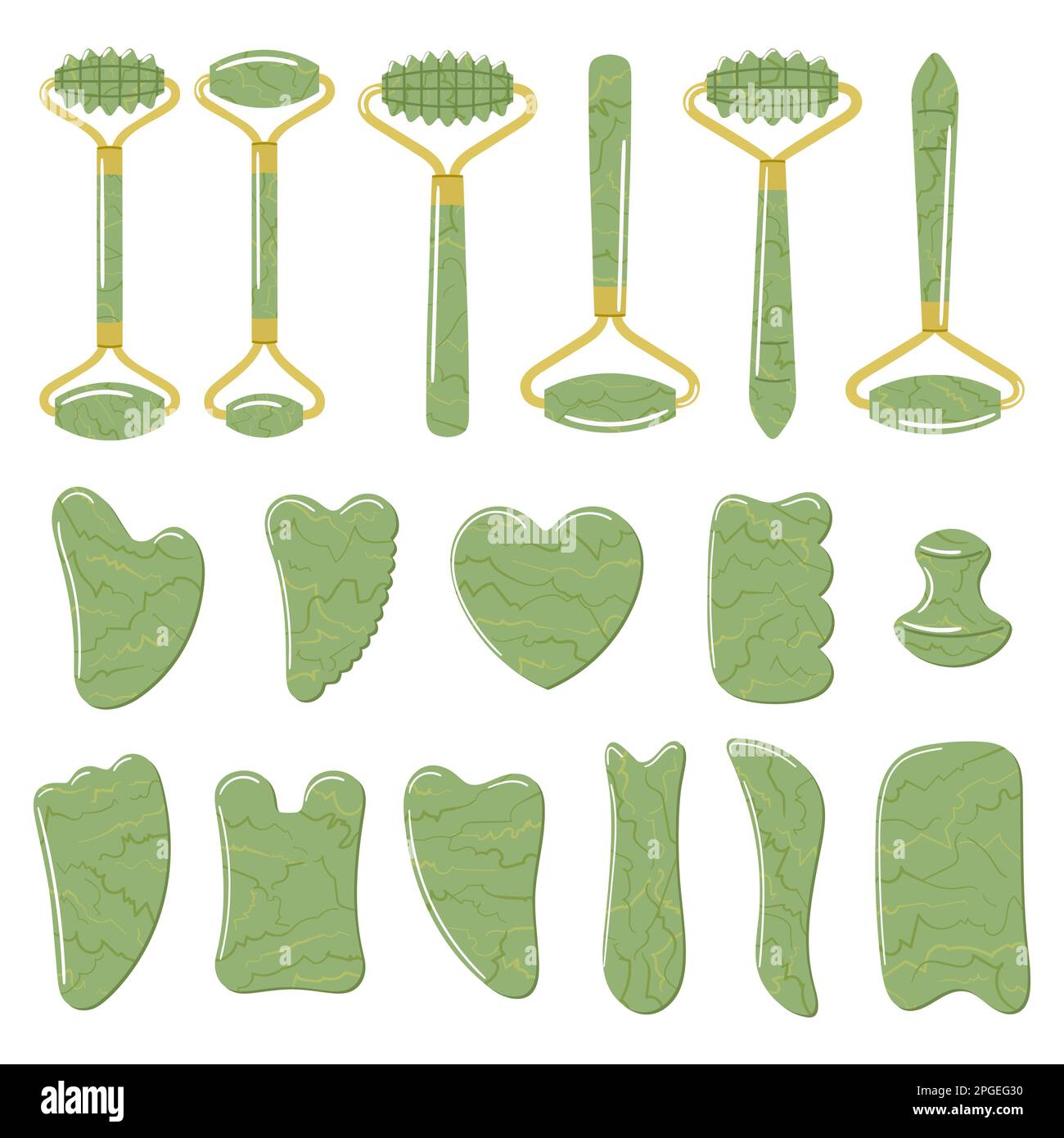 Big Set Of Different Gua Sha Stones And Rollers Are Made Of Green Jade ...