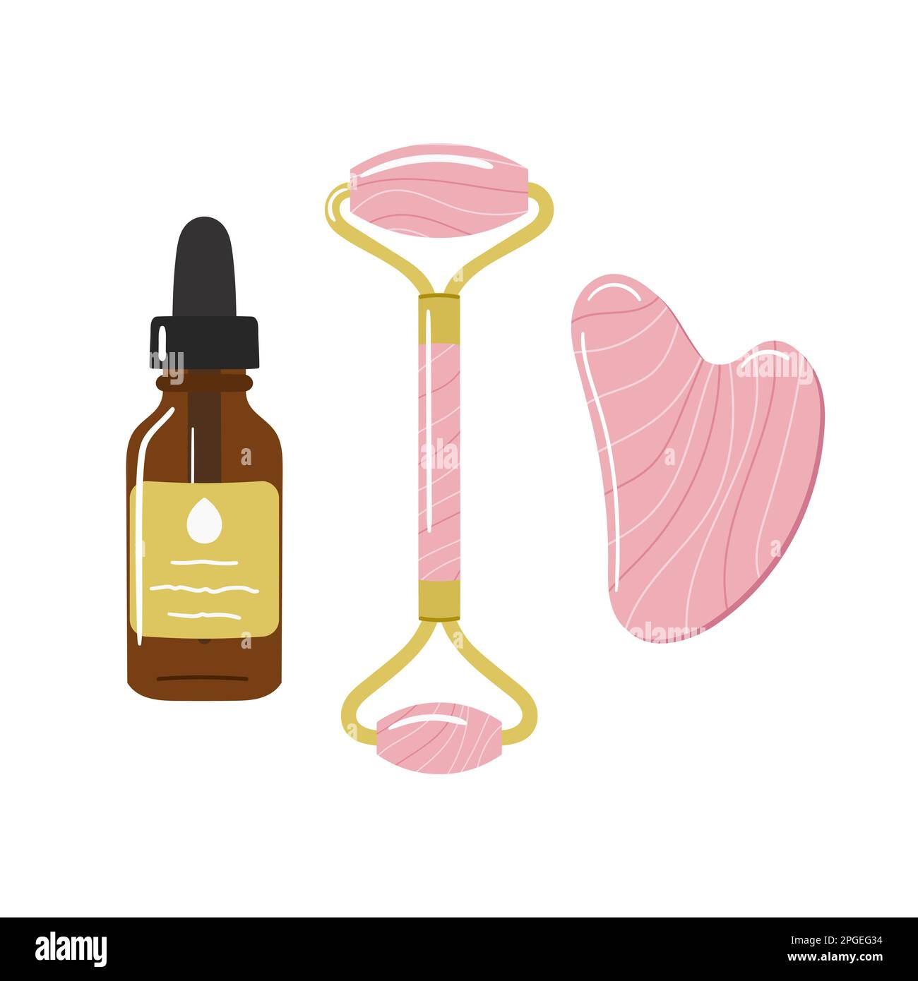 Set of face oil, gua sha stone and roller are made of rose quartz. Home