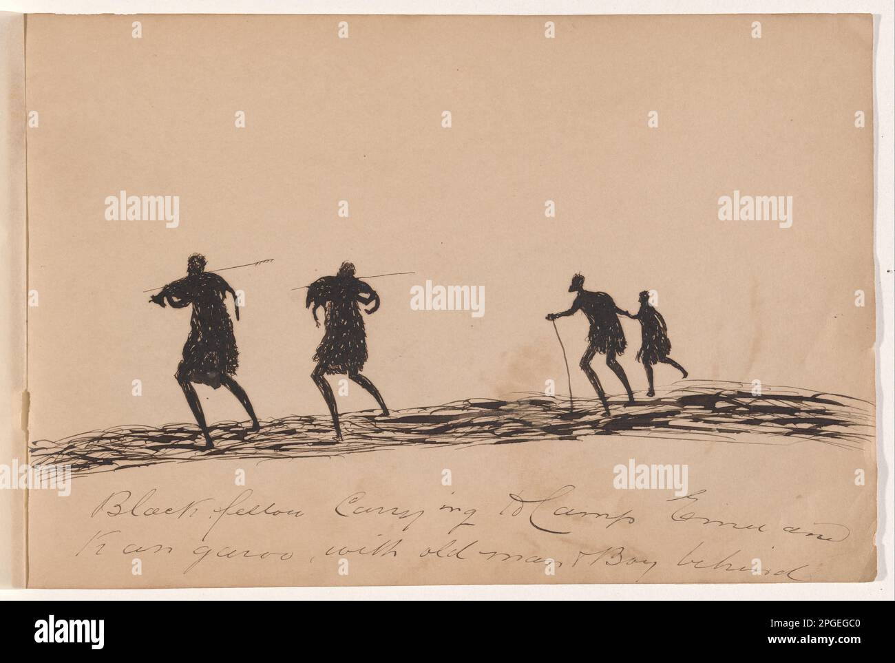 Black fellow carrying to camp emu and kangaroo with old man and boy behind-Sketchbook of Aboriginal activities c.1890s by Tommy McRae Stock Photo