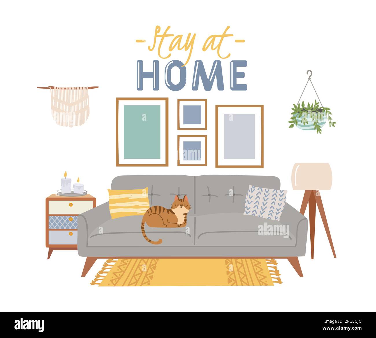 Scandic cozy interiors, stay at home banner. Vector of interior homely comfort, home illustration scandic, furniture comfy house Stock Vector