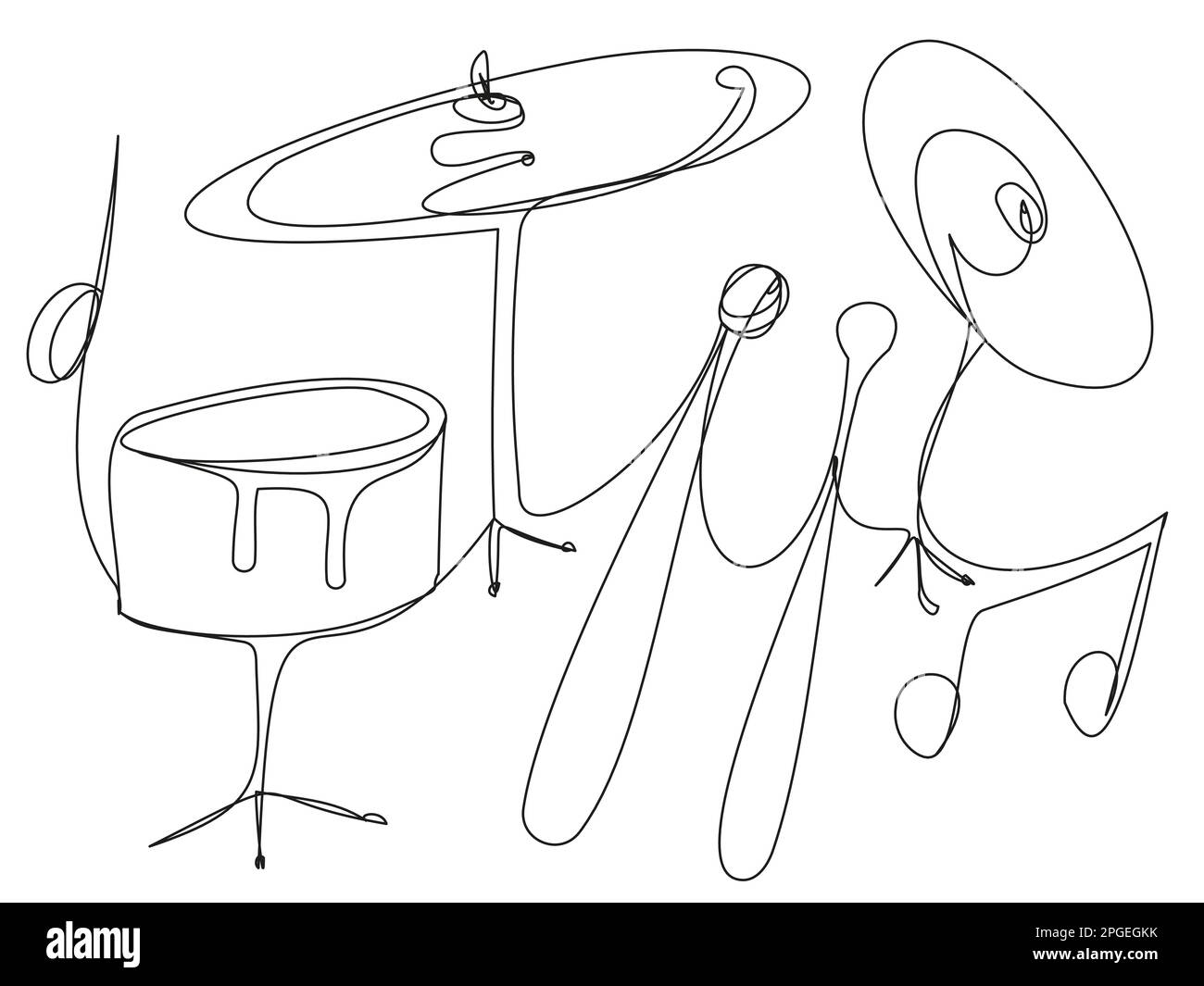 Drum set with drumsticks one line on a white background.  Stock Vector