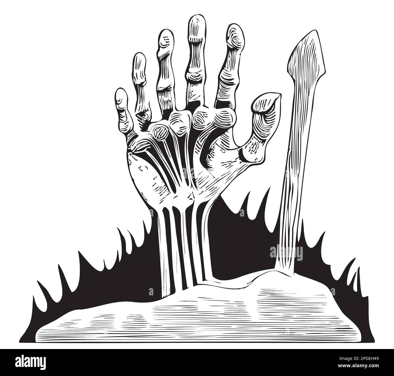 Bone hand sticking out of the grave hand drawn sketch vector illustration Stock Vector