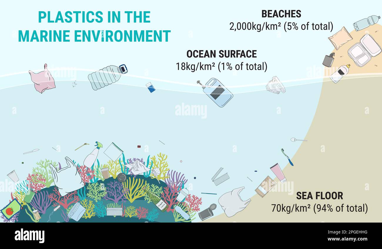 Infographic of plastics in the marine environment. Ocean plastic