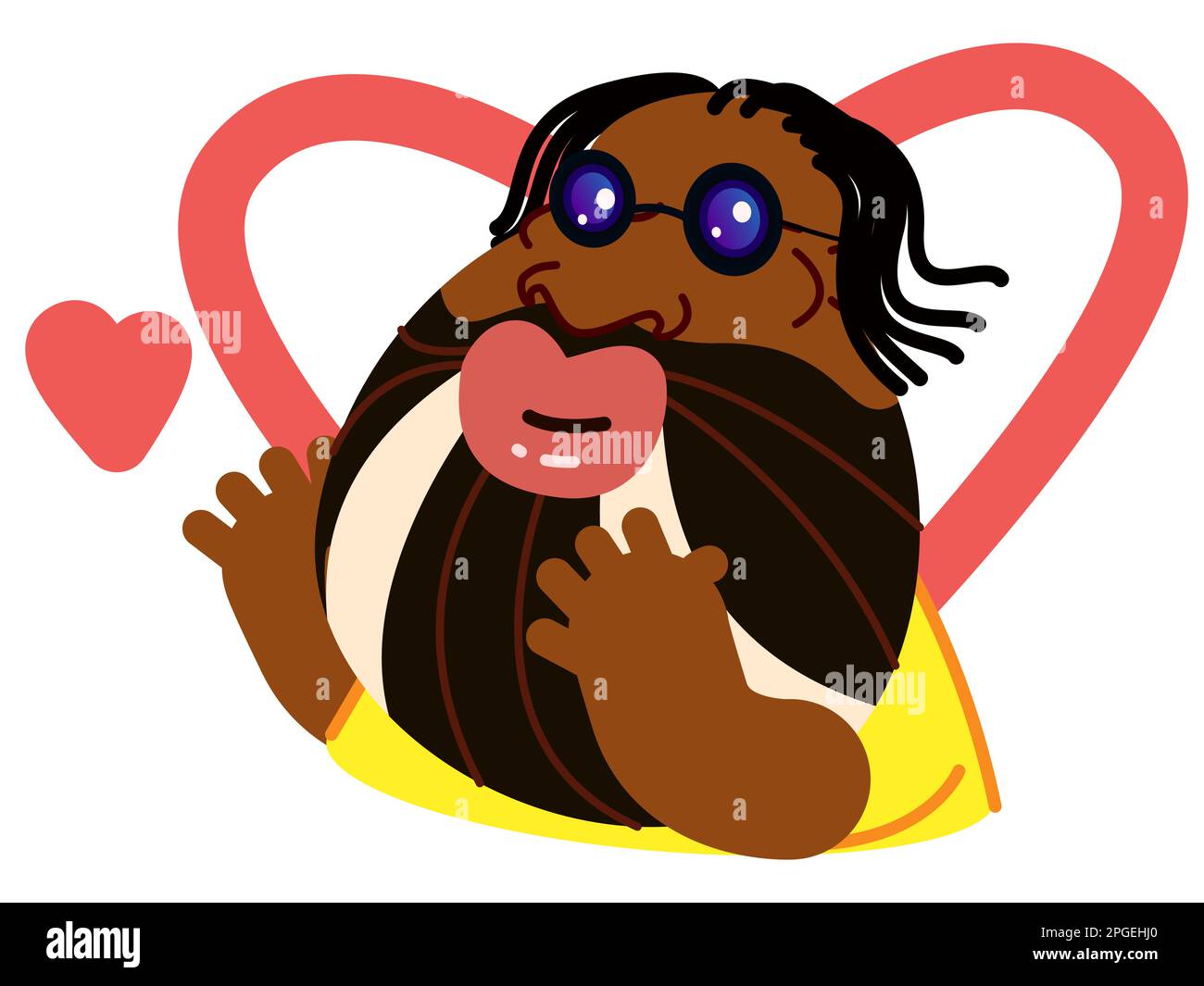 Black bearded guy sends air kisses on a white background. Concept of a trendy African American in love with round glasses and dreadlocks. Vector stock Stock Vector
