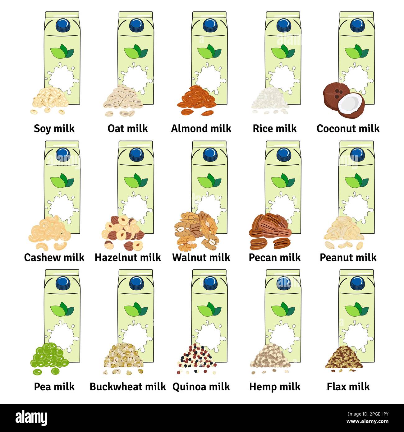 Set of carton boxes with plant-based milk. Vegan milk. Almond, soy, rice, coconut, cashew, hazelnut, oat, flax, walnut, hemp, pea milk Milk alternativ Stock Vector