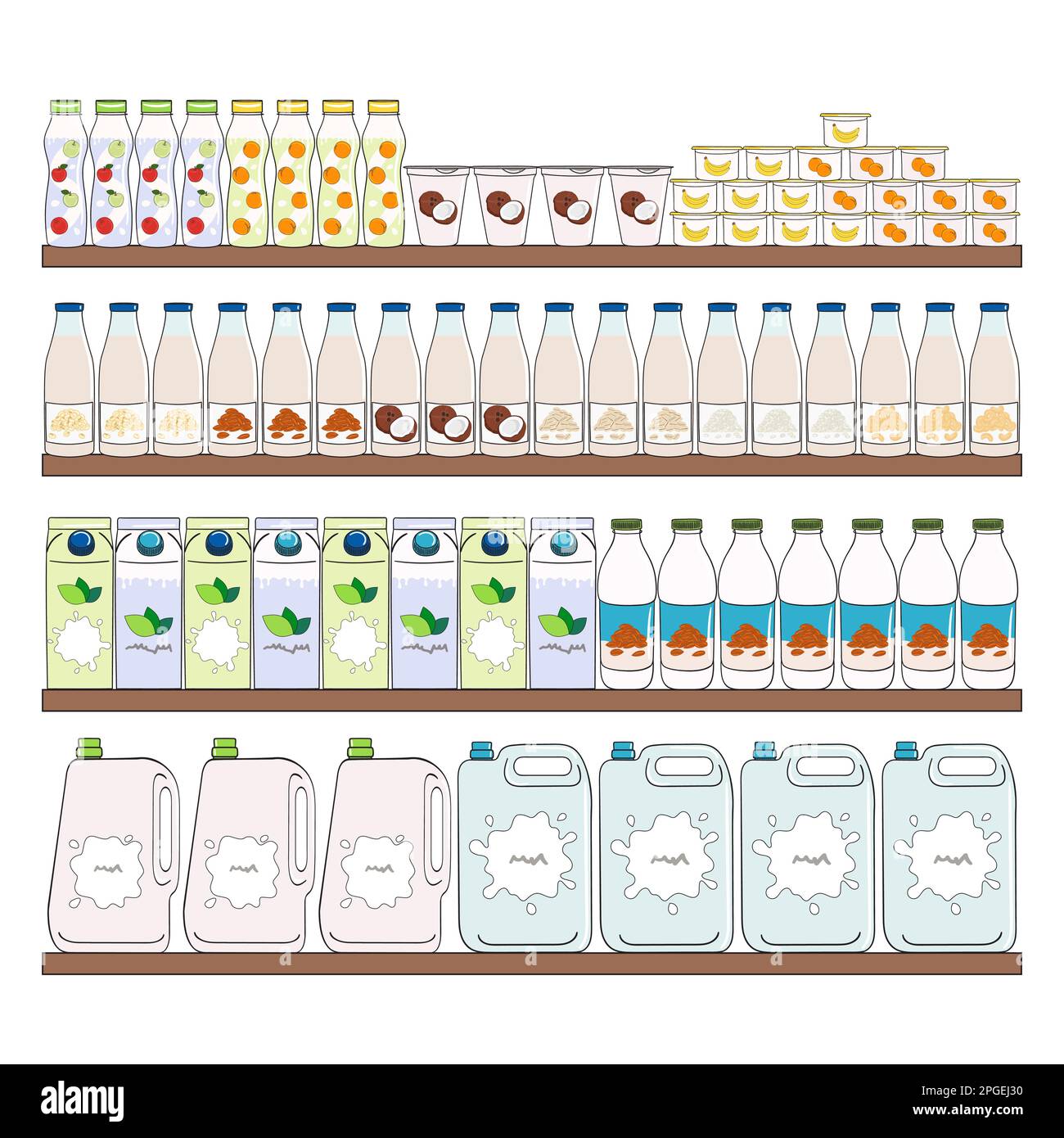 Set of milk products, dairy and vegan milk alternatives on shelves in supermarket. Milk bottle, carton box, yogurt. Milk purchase. Hand drawn vector i Stock Vector