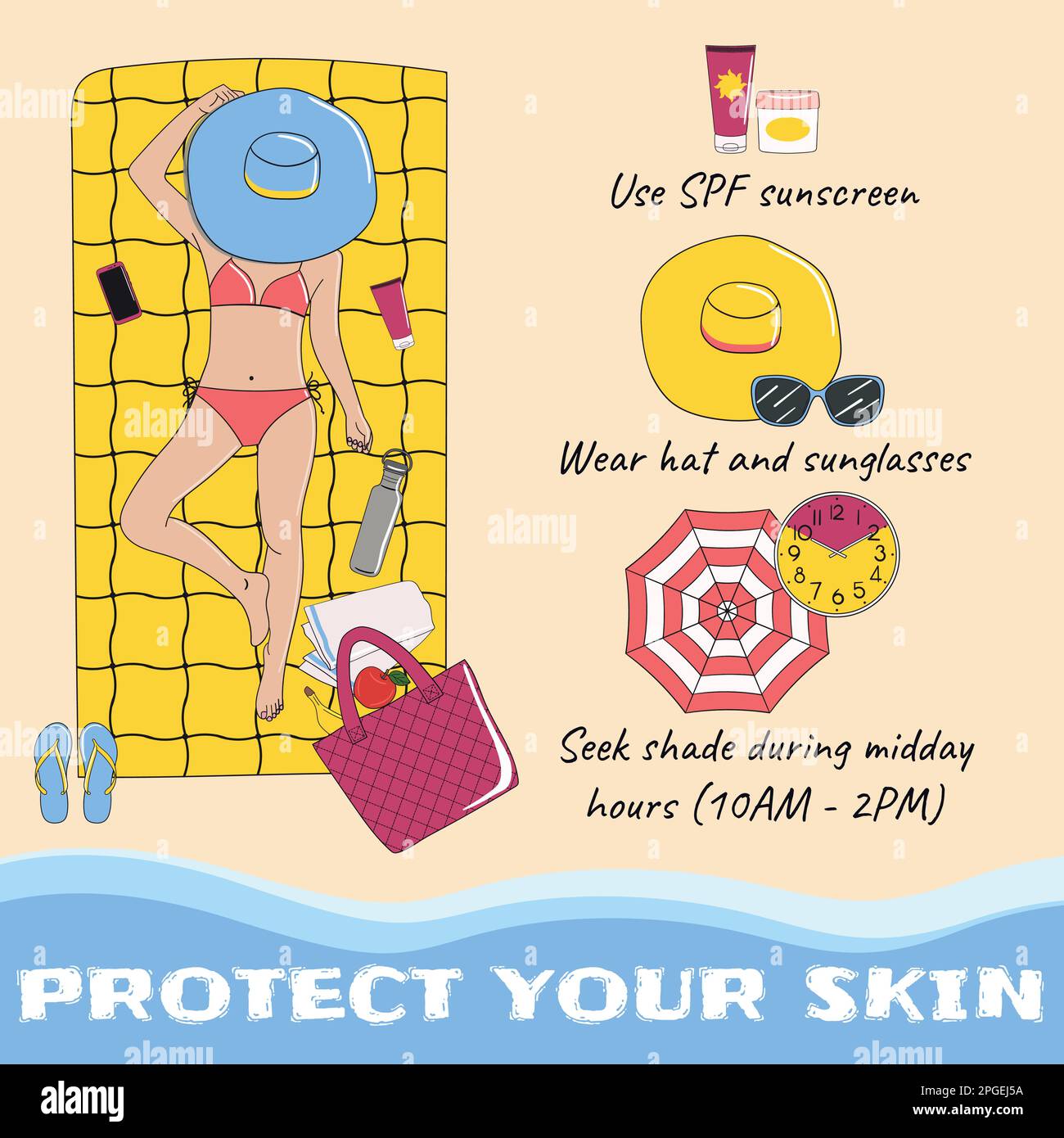 Sunbathing infographic. Skin protection and sun safety infographics