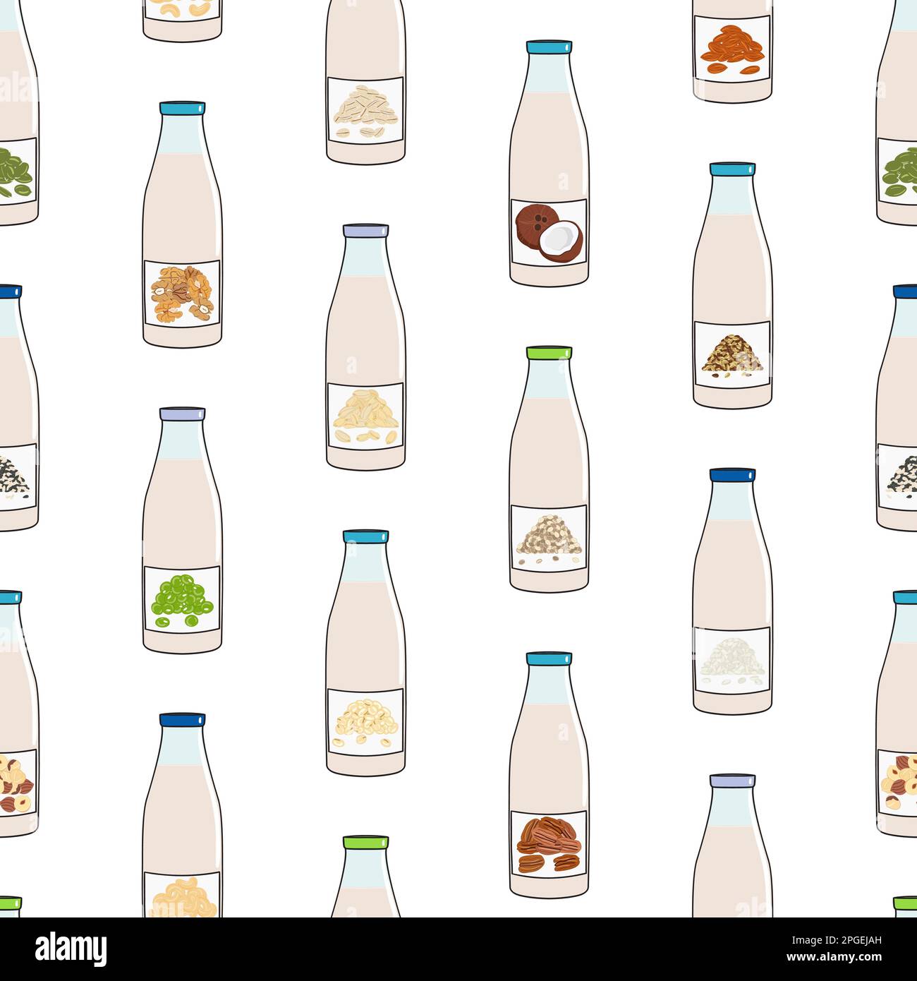 Seamless pattern of bottles with plantbased milk. Vegan milk in glass