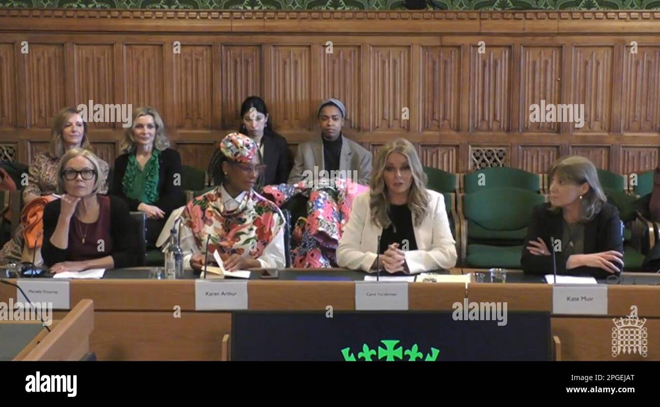 (left to right) Mariella Frostrup, Chair Menopause Mandate, Karen Arthur, Founder, Menopause Whilst Black, Carol Vorderman, Patron, Menopause Mandate and Kate Muir, Menopause expert, author and documentary maker, answering questions in front of the Women and Equalities Select Committee at the House of Commons, London, on the subject of Menopause and the workplace. Picture date: Wednesday March 22, 2023. Stock Photo