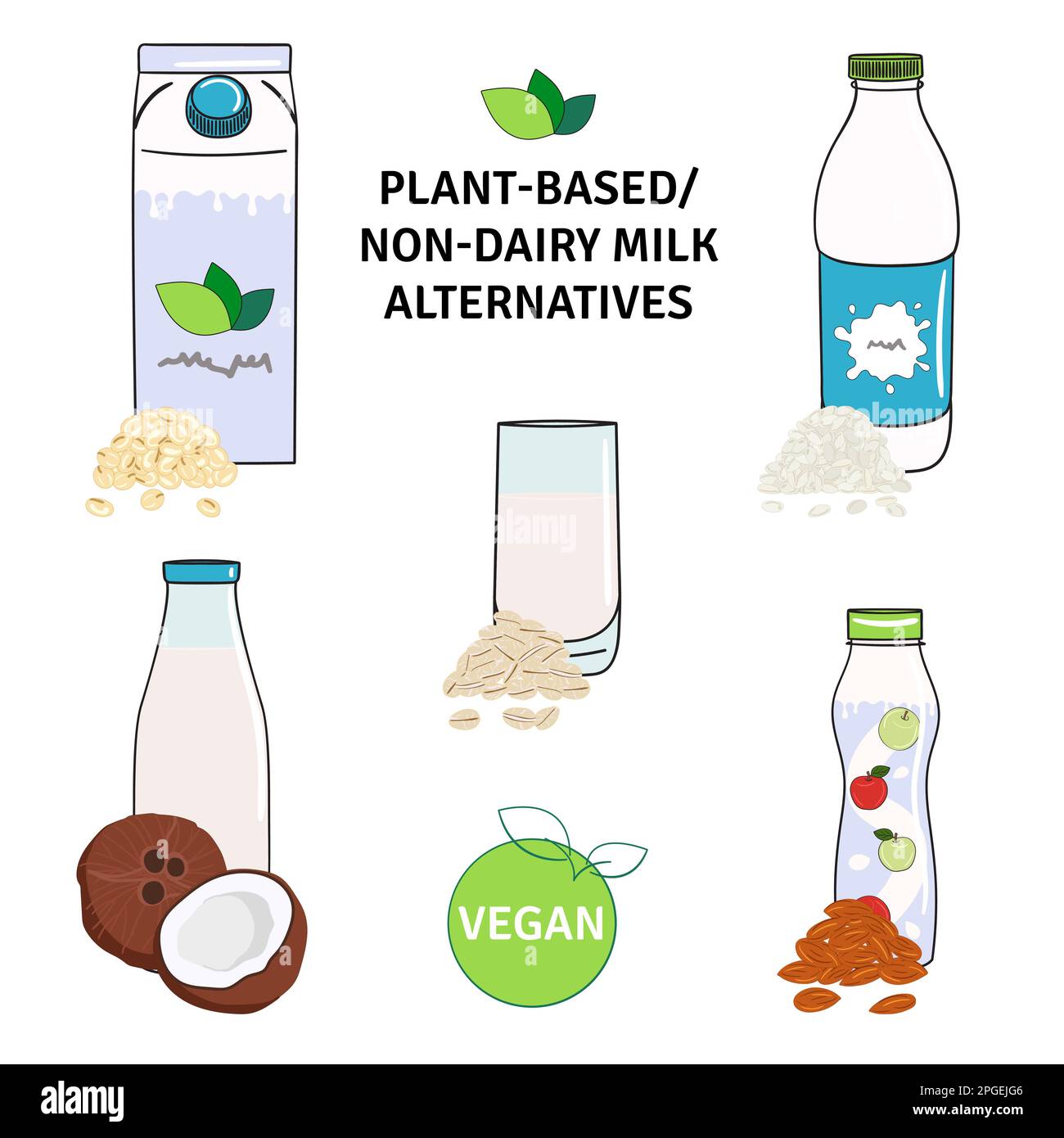 Set of plantbased, nondairy milk alternatives. Milk bottle and carton
