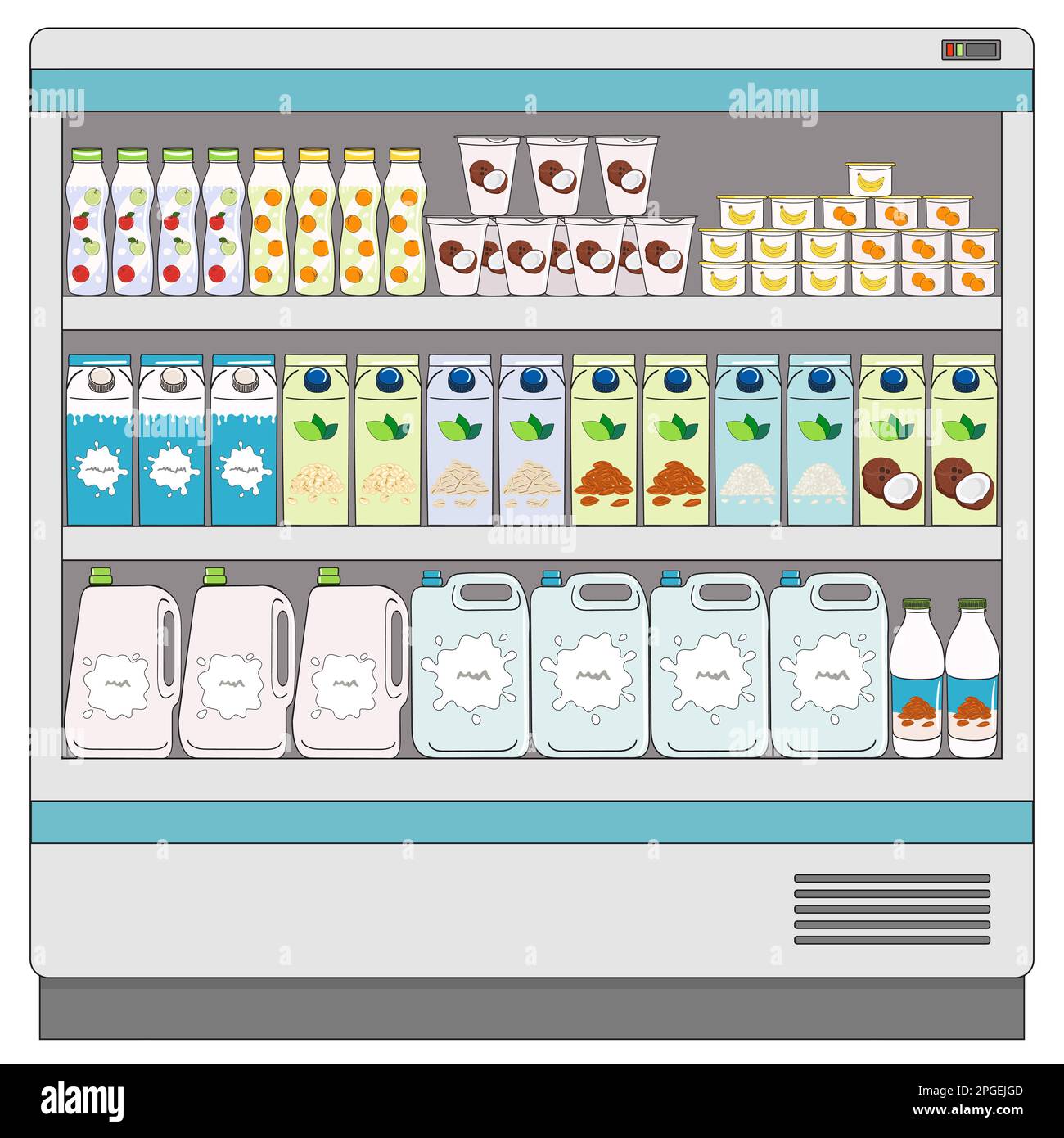 Showcase fridge for cooling milk products. Dairy and vegan milk alternatives on fridge shelves in supermarket. Milk bottles, carton boxes, yogurt. Mil Stock Vector