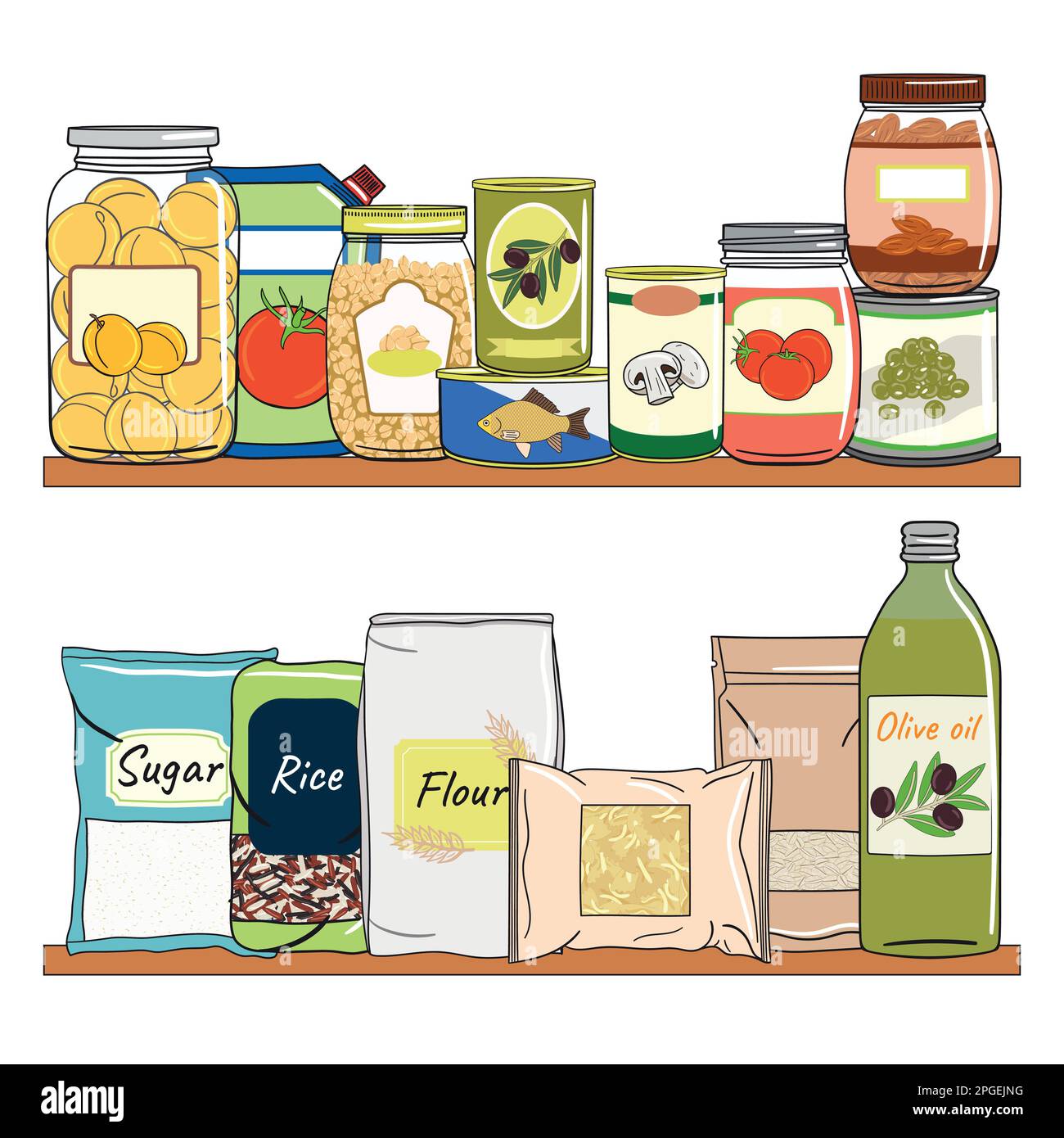 Set of canned food on shelf. Preserved food in cans, glass jars, metal containers, packs of