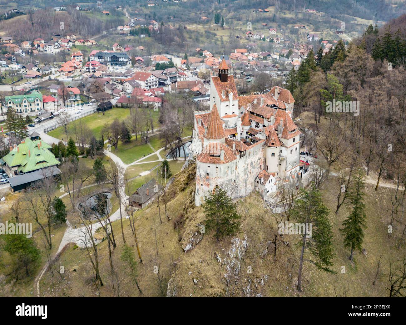 Aerial view of Bran Castle, Brașov, Transylvania. Legendary home of ...