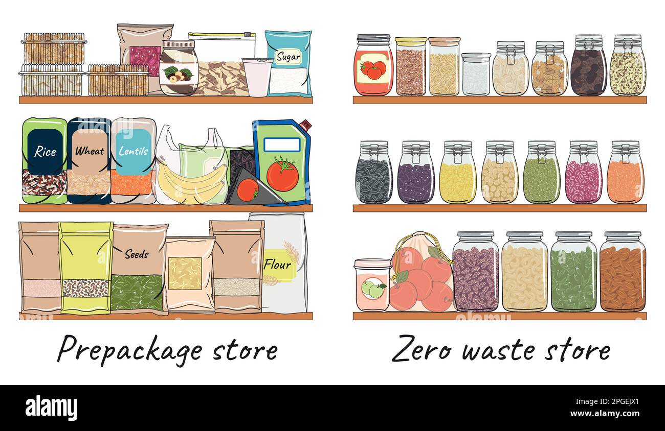 Set of pre packaging and zero waste container for nuts, seeds, beans on shelf. Change shopping to no plastic. Elements of kitchen storage. Hand drawn Stock Vector
