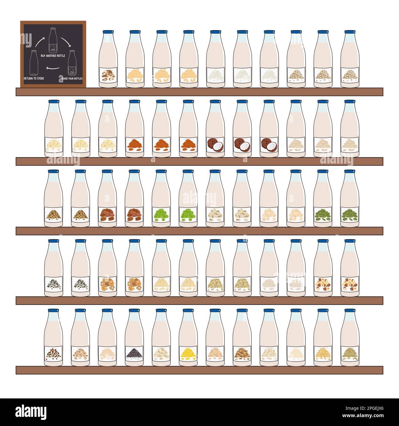 Set of bottles with plant-based milk on shelves. Vegan milk in glass bottles. Almond, soy, rice, coconut, cashew, oat, flax, walnut milk. Milk alterna Stock Vector