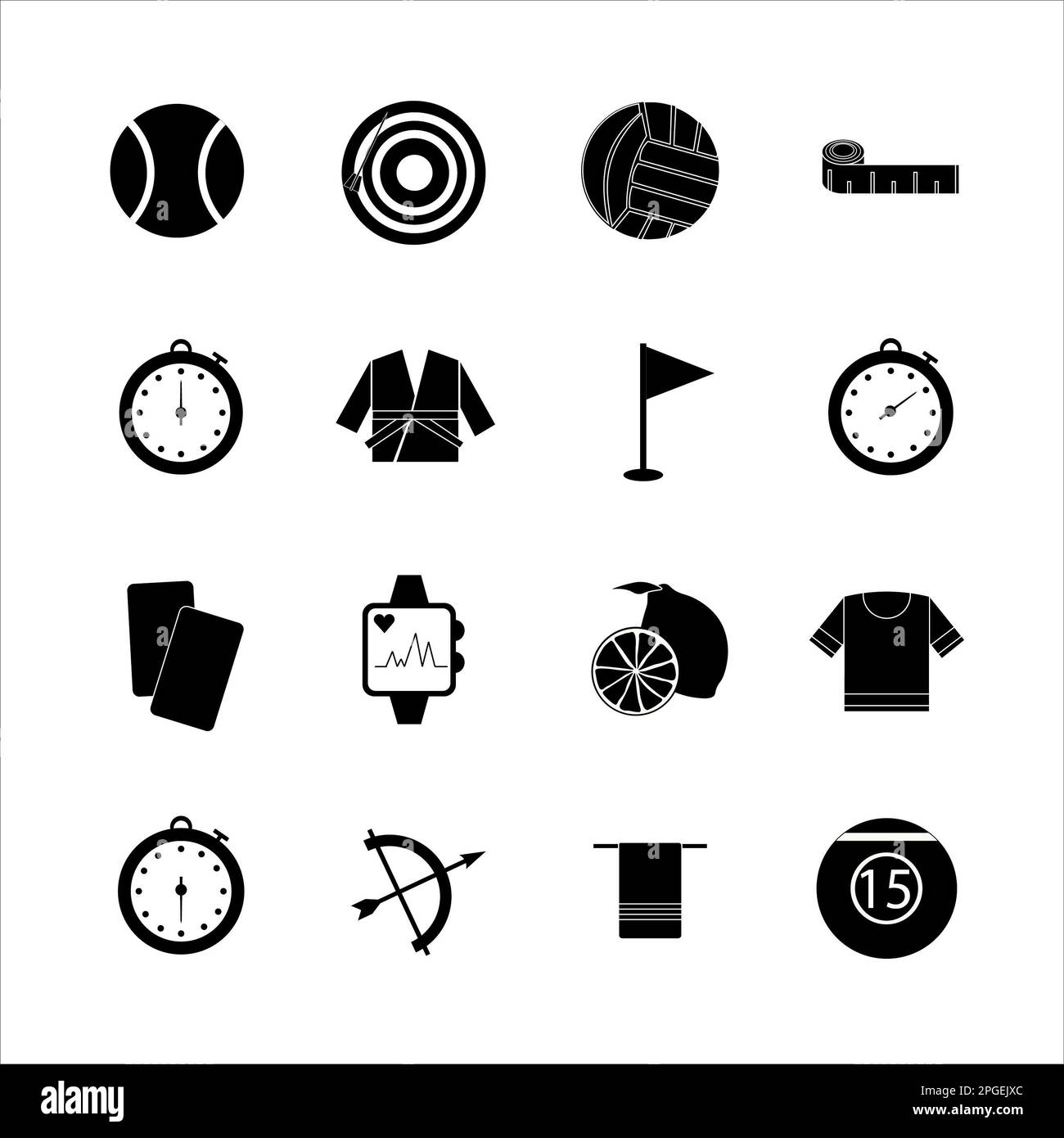 Collection of icons with different sports and healthy eating in simple design Stock Photo