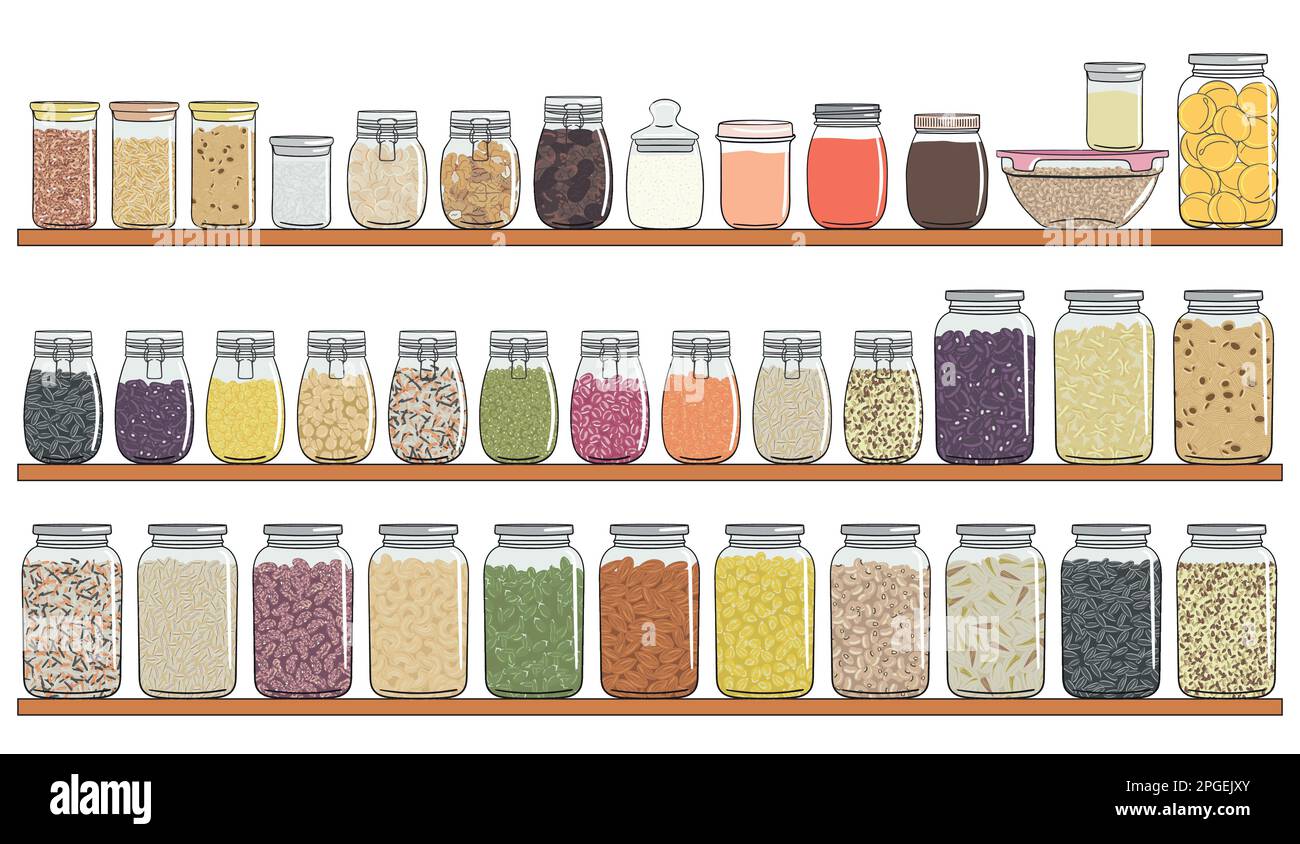 Set of different types of jars with grains, nuts, seeds beans on shelf. Elements of kitchen storage. Zero waste, no plastic concept. Hand drawn vector Stock Vector