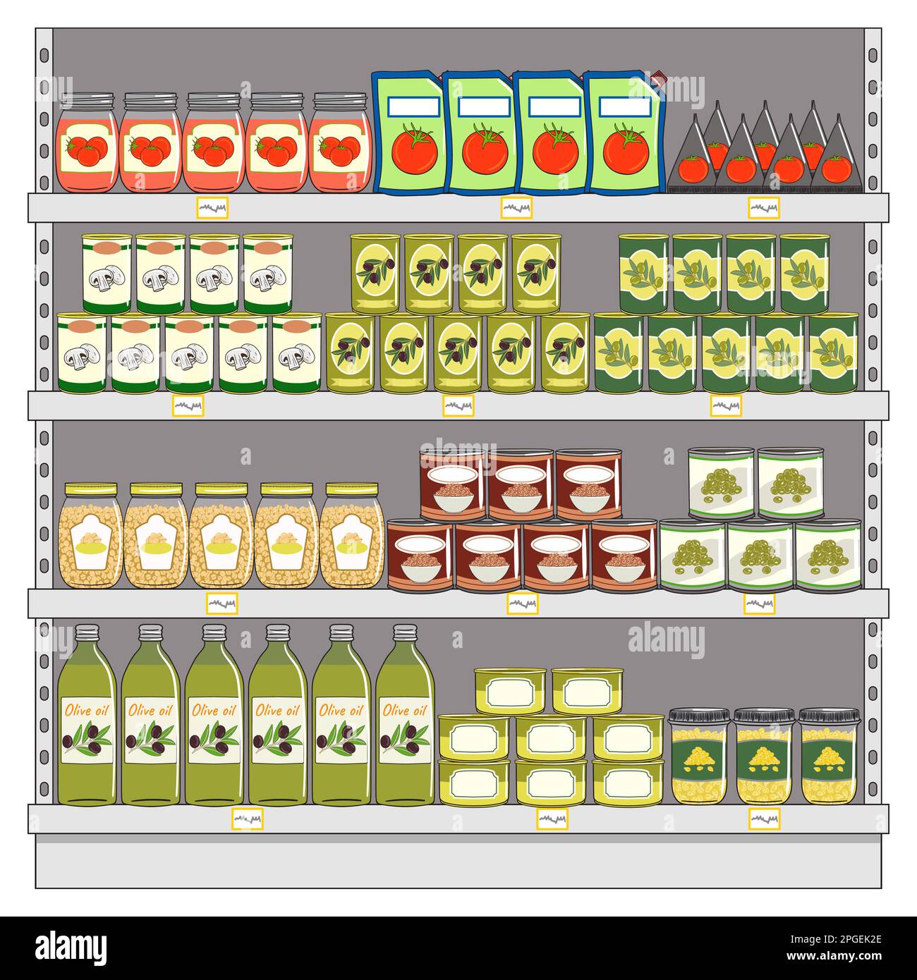 Set of canned food on shelves in supermarket. Preserved food in cans, glass jars, metal containers. Hand drawn vector illustration. Isolated on white Stock Vector