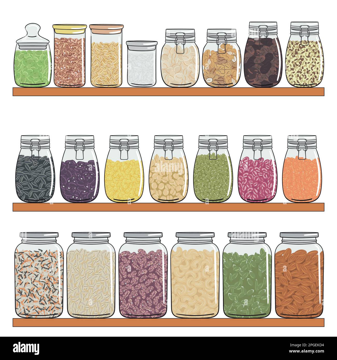 Set of different types of jars with grains, nuts, seeds beans on shelf. Elements of kitchen storage. Zero waste, no plastic concept. Hand drawn vector Stock Vector
