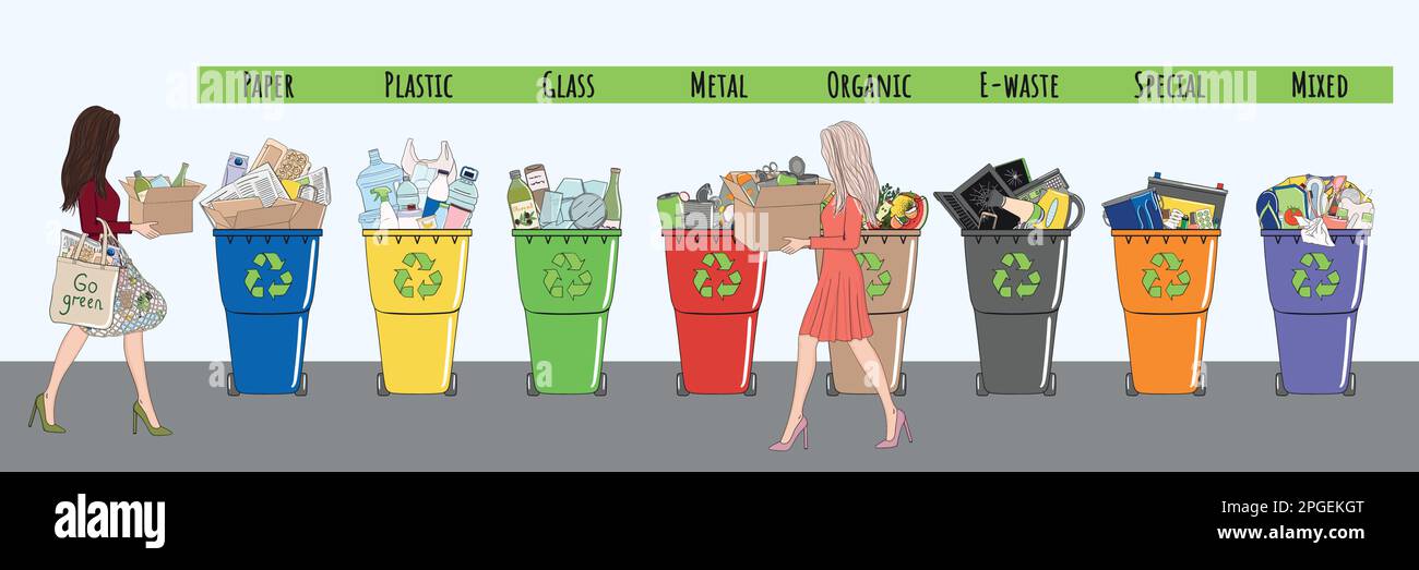 Girls sorting waste in garbage cans. Recycle trash bins. Waste