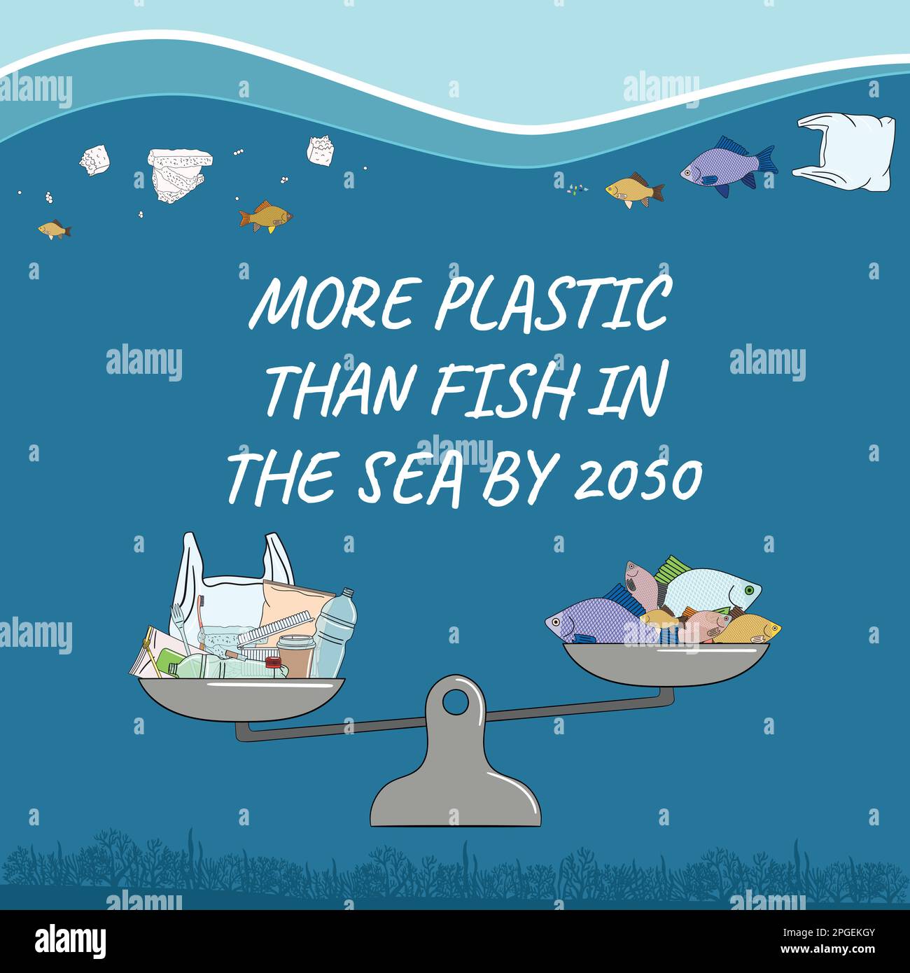 More plastic than fish in the sea by 2050 on balance scale. Marine and ocean plastic pollution. Global environmental problems. Stop water pollution. N Stock Vector