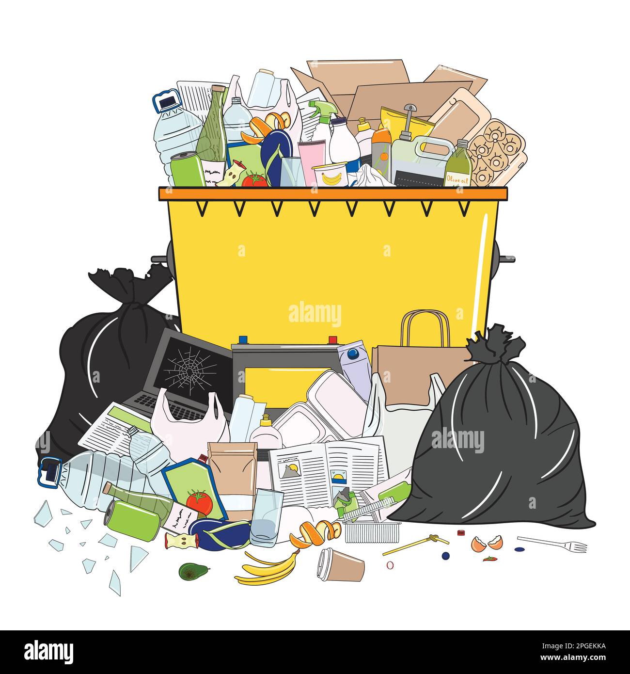 Trash can full of garbage and pile of garbage. Waste management. Garbage pollution. Overflowing rubbish, food, metal, plastic, paper, glass, mixed tra Stock Vector