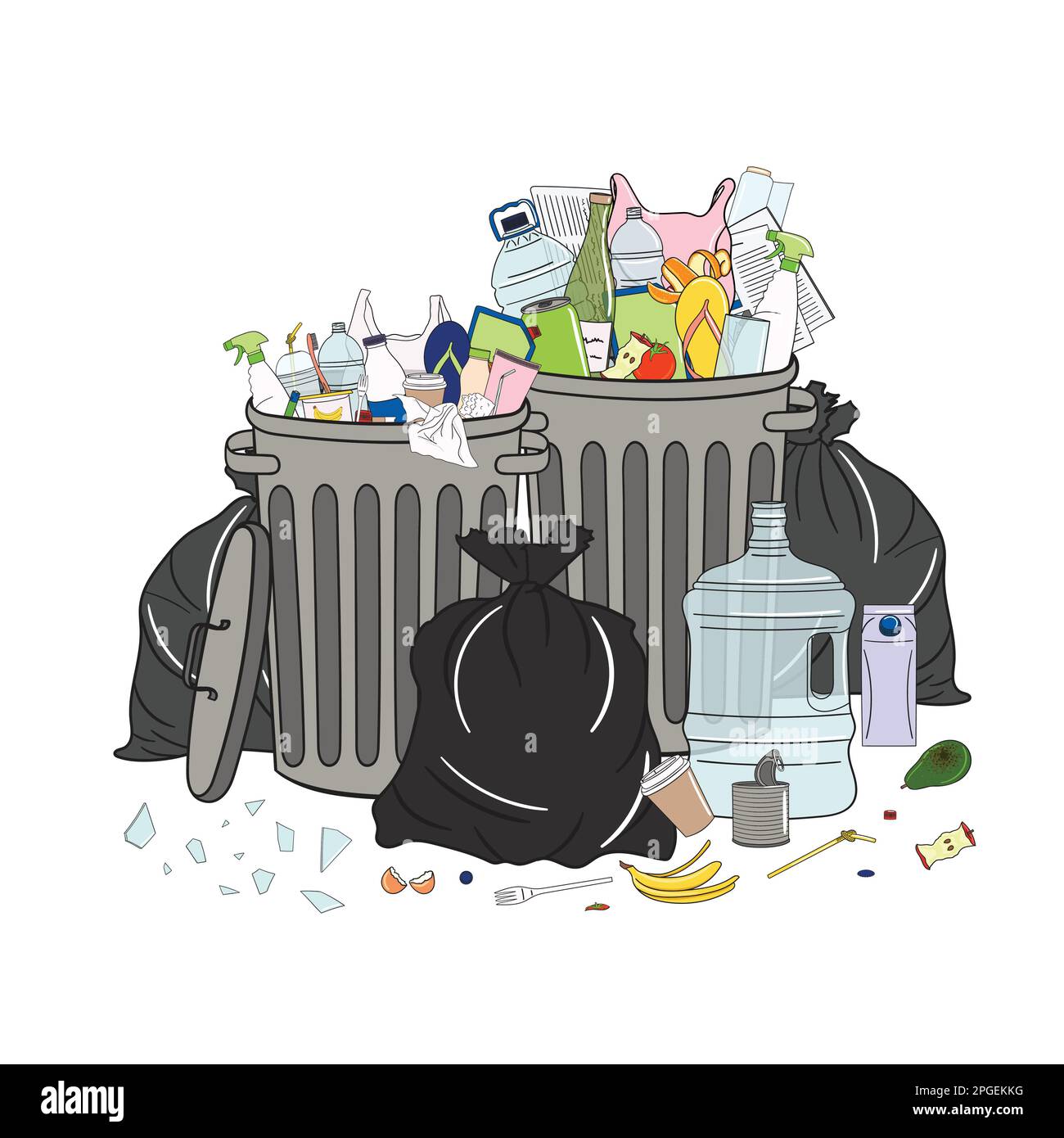 Still trash cans full of garbage and pile of garbage. Waste management. Garbage pollution. Overflowing rubbish, food, metal, plastic, paper, glass, mi Stock Vector