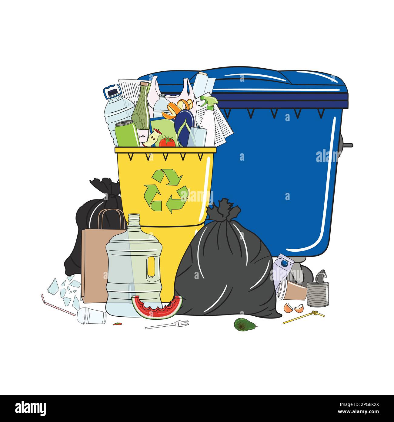 Trash cans full of garbage and pile of garbage. Waste management. Garbage pollution. Overflowing rubbish, food, metal, plastic, paper, glass, mixed tr Stock Vector