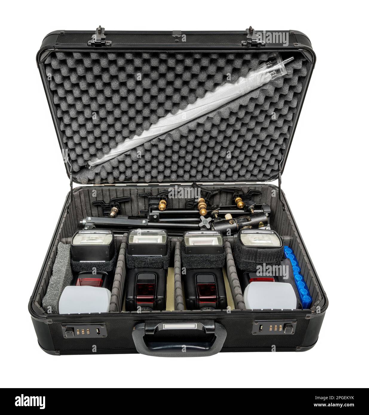 Horizontal shot of a working photographer’s location flash kit with four electronic flashes. Stock Photo