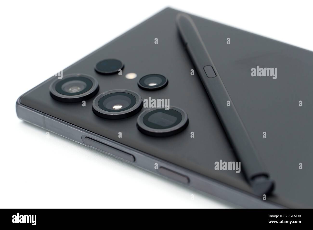 Close up of the camera lenses on a phantom black Samsung Galaxy S23 Ultra flagship Android smartphone on white background Stock Photo