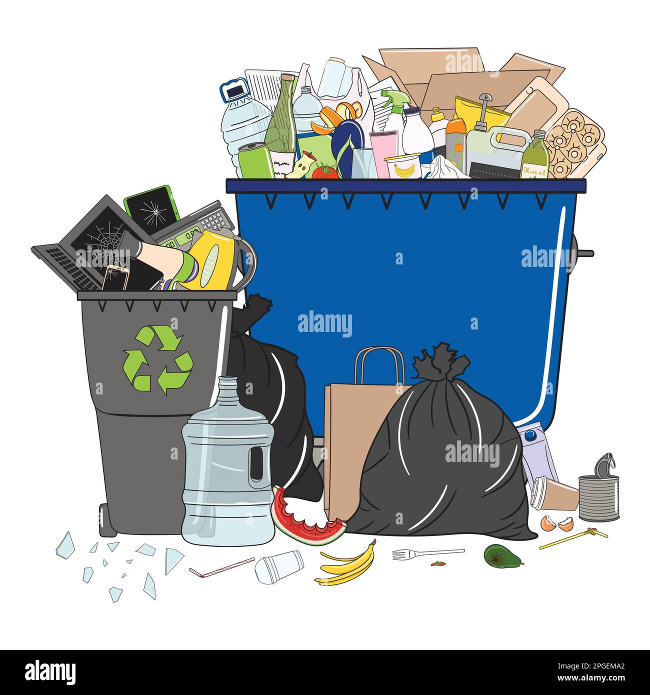 Trash cans full of garbage and pile of garbage. Waste management. Garbage pollution. Overflowing rubbish, food, metal, plastic, paper, glass, mixed tr Stock Vector