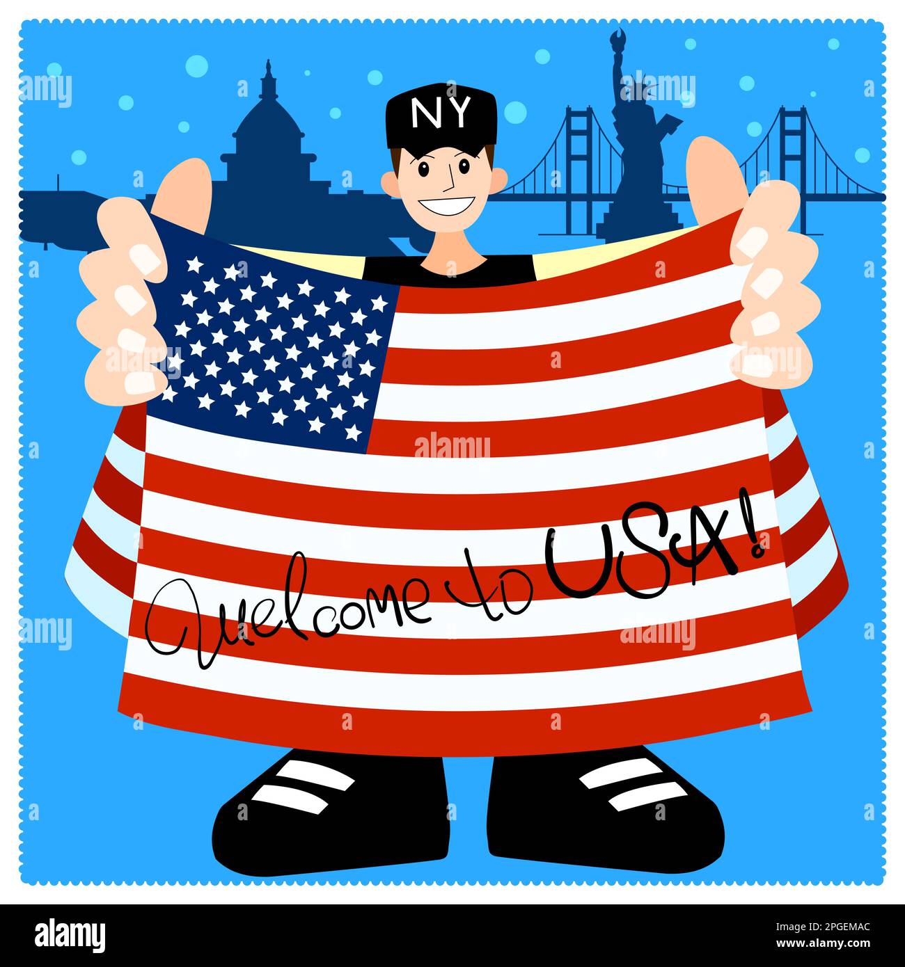 An American holds the US flag against a backdrop of sights. Stock vector illustration with red-haired male patriot. Postcard to the day of the flag of Stock Vector