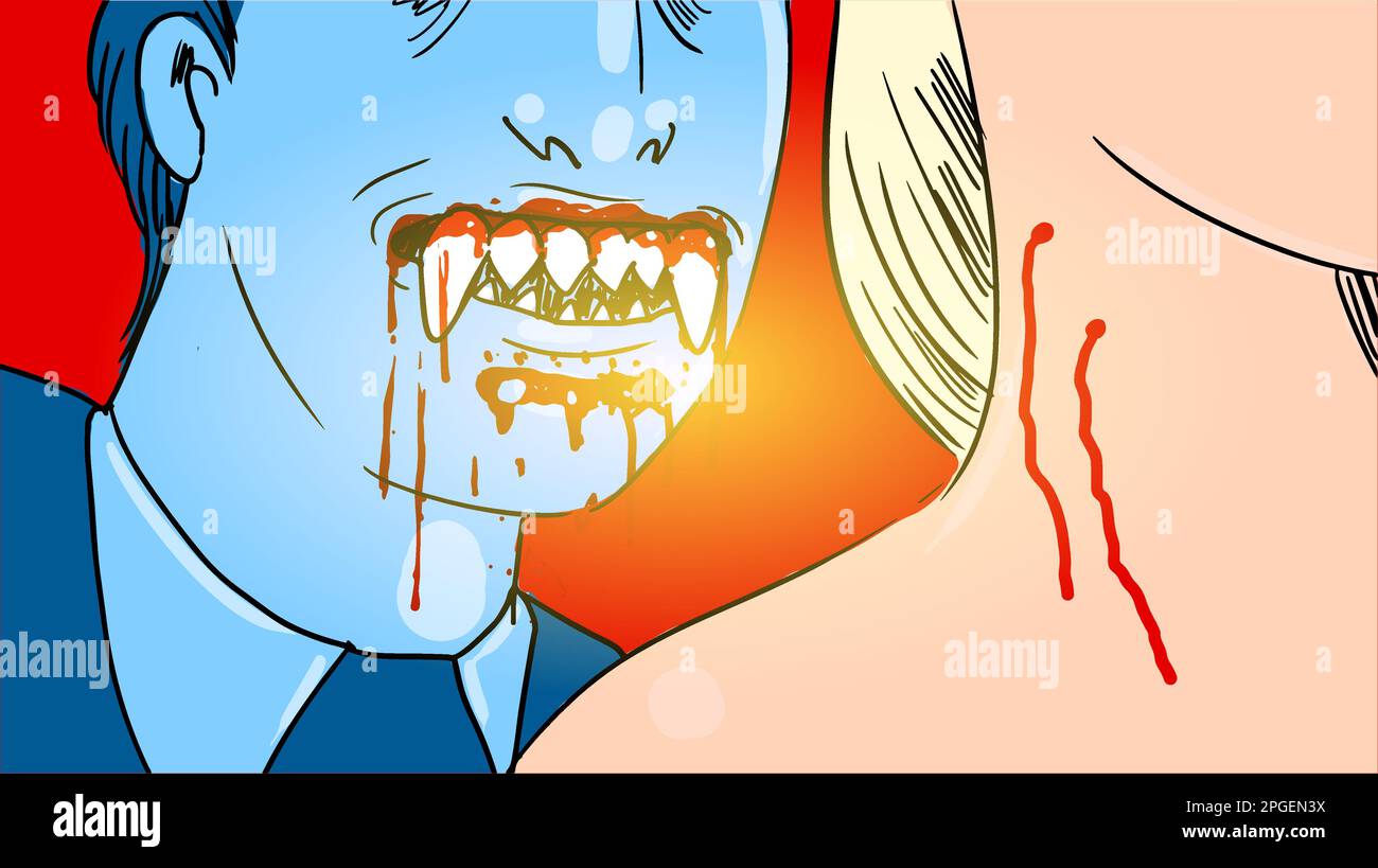 A terrible vampire bitten by a girl with sharp fangs.  Stock Vector