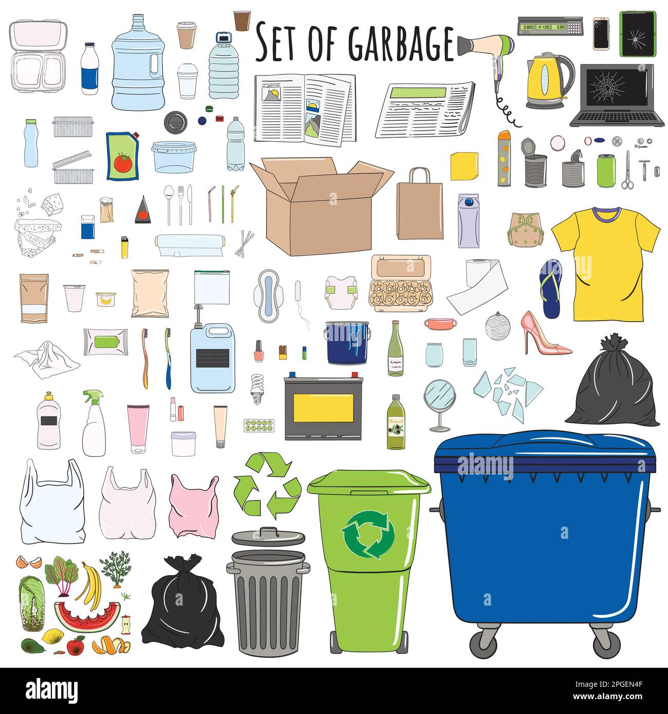 Set of sorted garbage. Recycle trash bins. Waste management. Sorting garbage. Organic, metal, plastic, paper, glass, e-waste, special, mixed trash. Ha Stock Vector