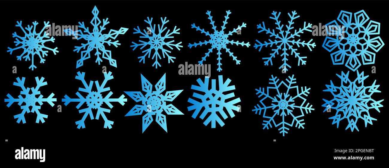 Set of blue snowflakes of various shapes with a gradient on a black ...