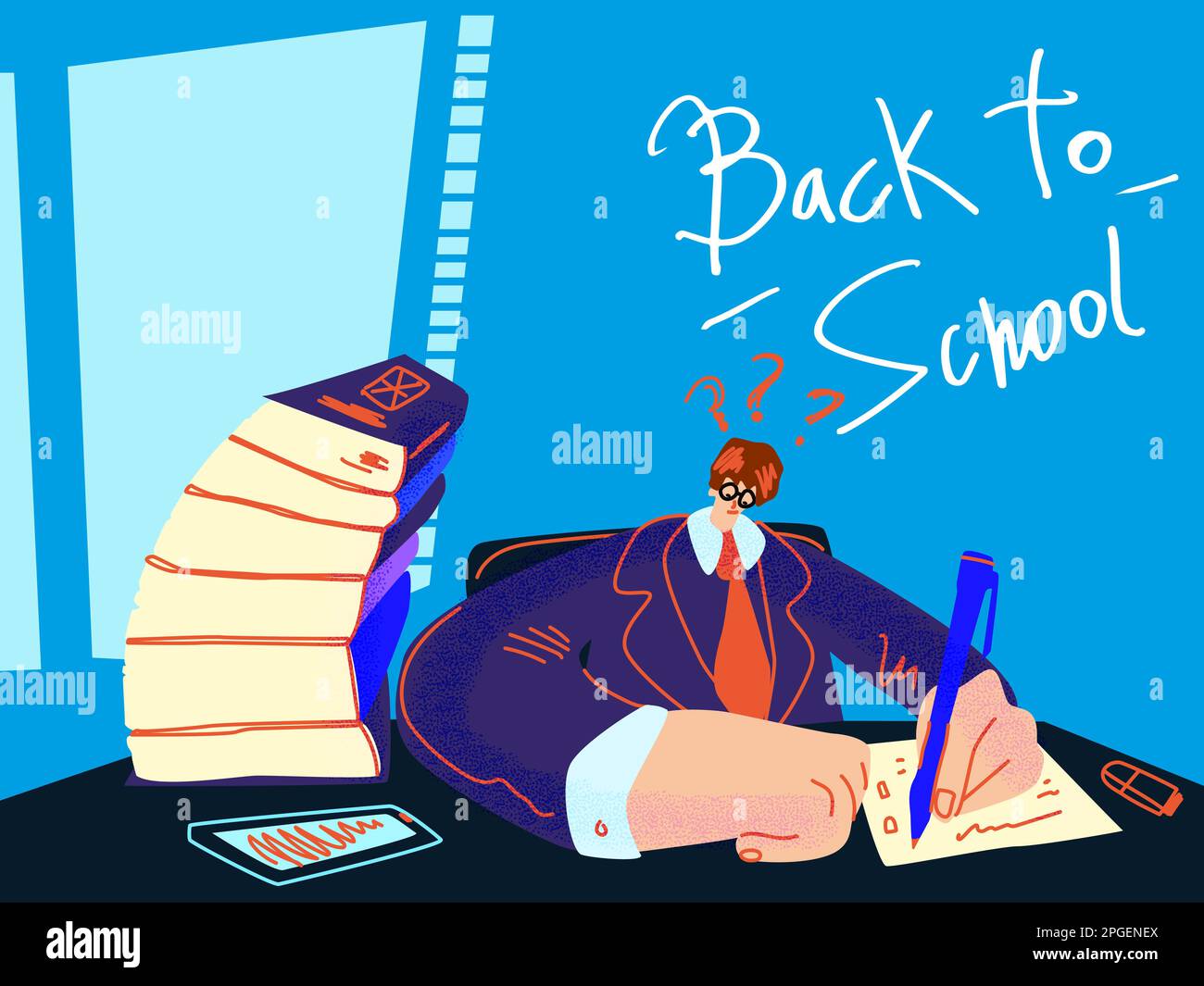 Red-haired schoolboy in uniform writes an exam test in the classroom. Vector illustration of a student on a test. Back to school concept on September Stock Vector