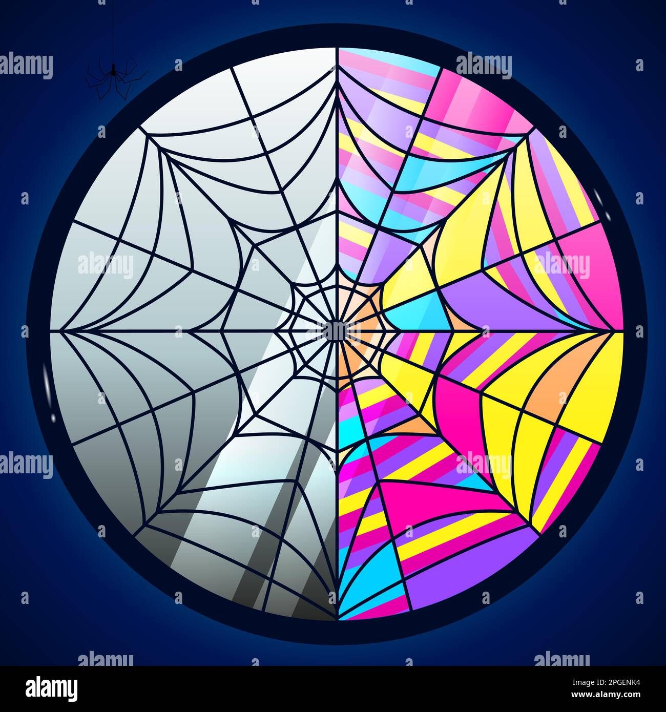 Stained glass window in the form of a web with divided halves. Stock Vector