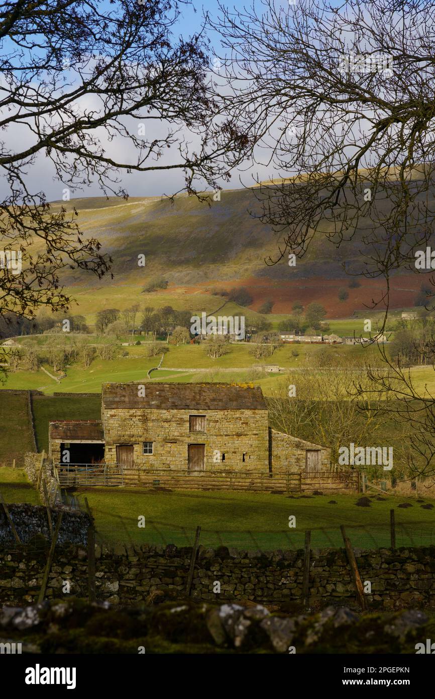 Ramshackle old farmhouse located in a valley illuminated by wintry sunlight with rolling hills and cloud shadows, Hawes, Wensleydale, Yorkshire Dales. Stock Photo