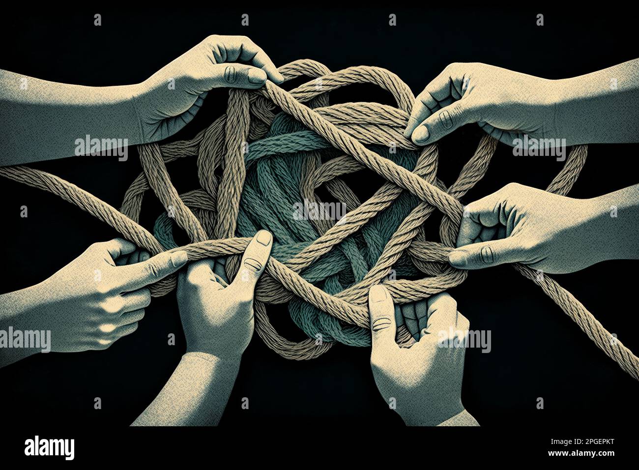 People working together to untangle a knotted rope. Generative ai Stock Photo