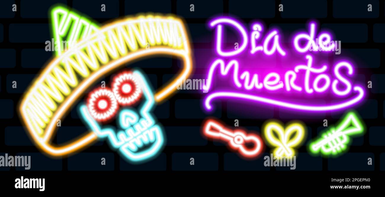Neon skull in a sombrero of different colors with a glow on a black background.  Stock Vector