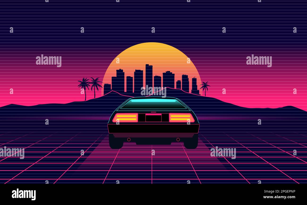80's Retro car in 3D virtual reality. Sunset outrun landscape in vintage style.1980s vibes. Computer graphic design with grid and city on horizon. Stock Vector
