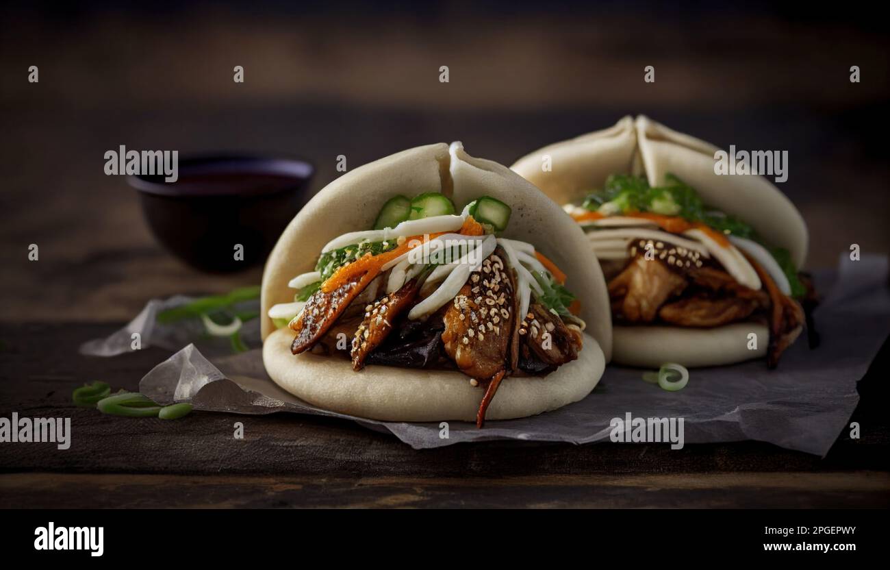 Chicken and pork belly Bao Buns Korean style with hoisin sauce Stock