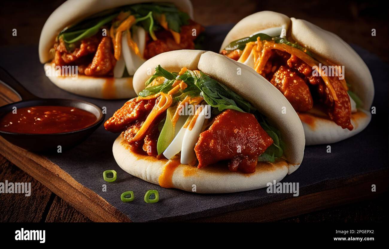 Chicken and pork belly Bao Buns Korean style with hoisin sauce Stock