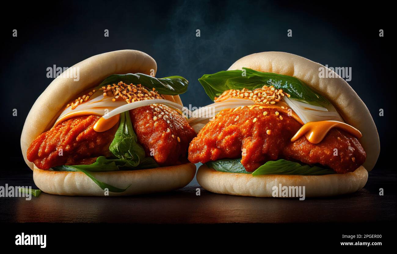 Chicken and pork belly Bao Buns Korean style with hoisin sauce Stock