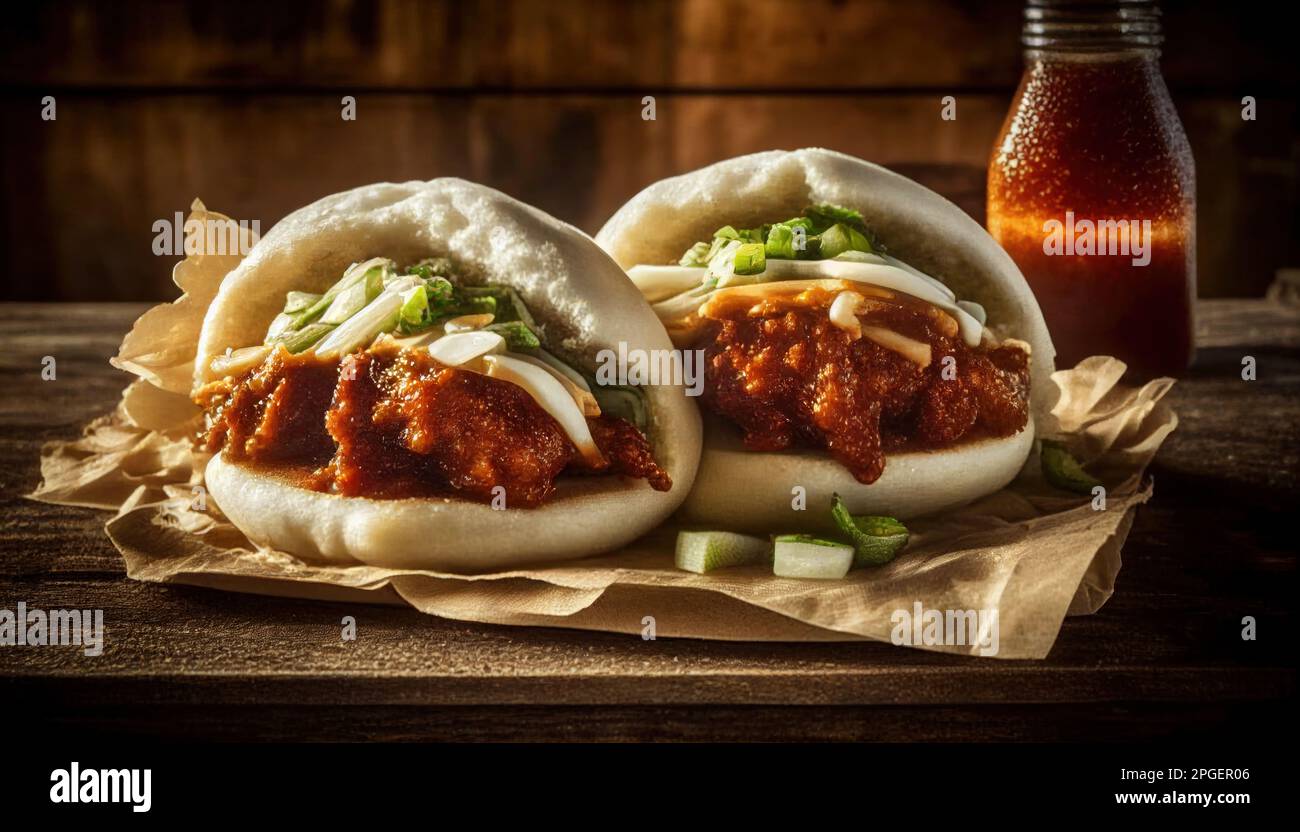 Chicken and pork belly Bao Buns Korean style with hoisin sauce Stock