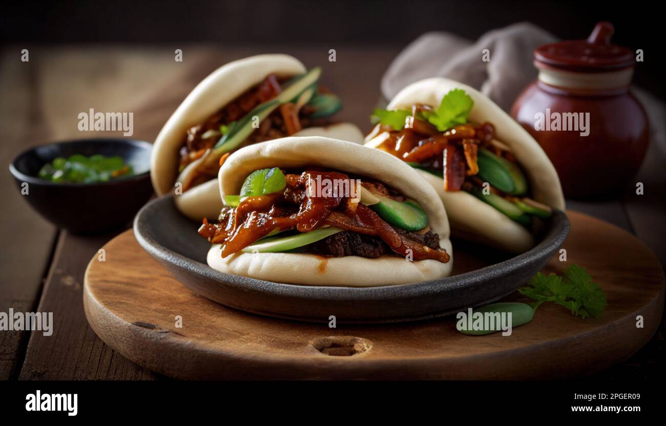 Chicken and pork belly Bao Buns Korean style with hoisin sauce Stock