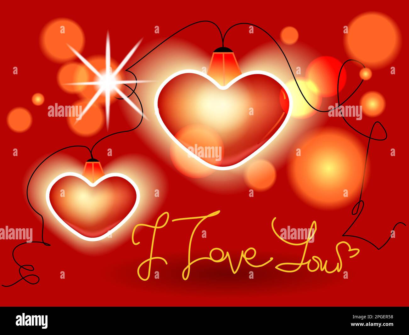 Two glowing neon hearts on a red background with bokeh effect Stock ...