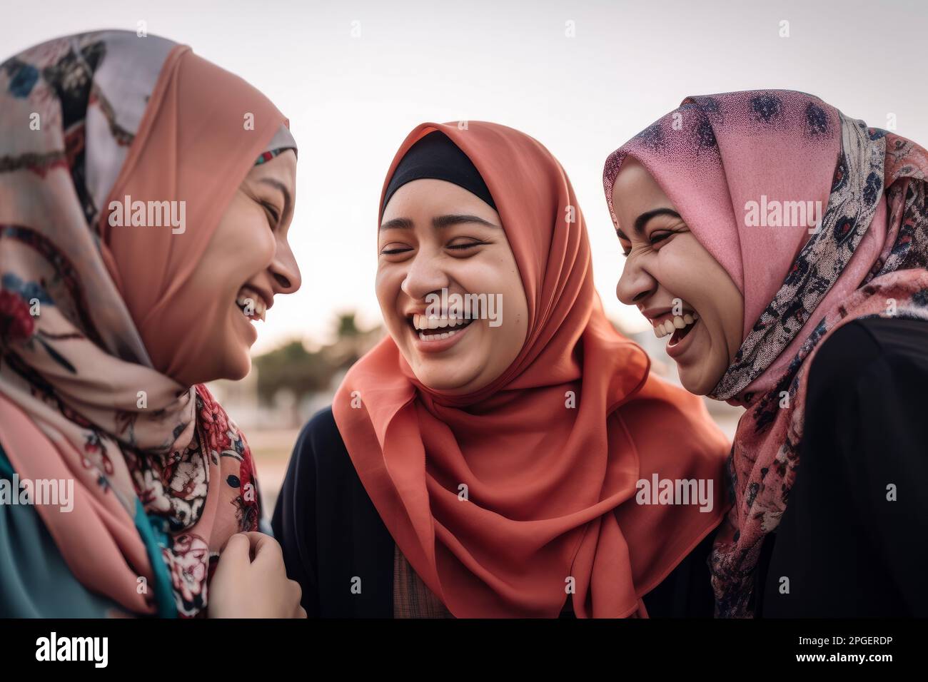A group of young muslim women wearing headscarves having fun together. Generative ai Stock Photo