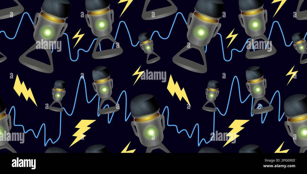 3d streamer microphones with sound waves seamless pattern. Stock Vector