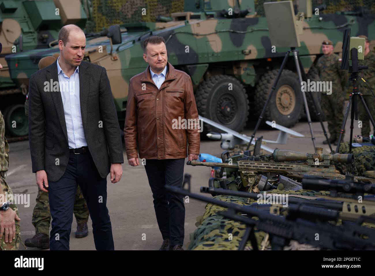 The Prince of Wales viewing military hardware with Polish Deputy Prime Minister and Minister of National Defence, Mariusz Blaszczak, during a visit to the 3rd Brigade Territorial Defence Force base, in Rzeszow, Poland, that has been heavily involved in providing support to Ukraine. Picture date: Wednesday March 22, 2023. Stock Photo